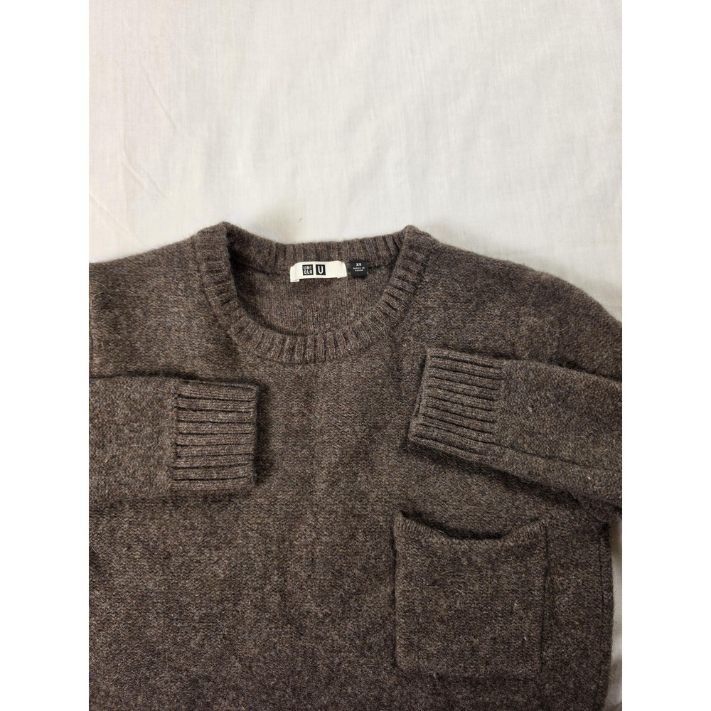 Uniqlo U Sweater Womens XS Brown 100% Wool Crewneck Pocket Pullover Knit